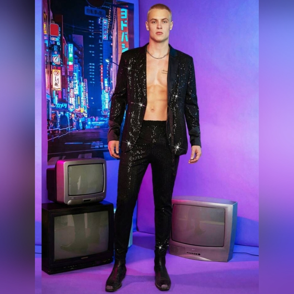 Men Lapel Collar Sequin Blazer and Pants Set